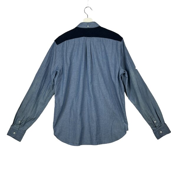 Faconnable Shirt Mens L Chambray Contempory Blue Corduroy Yoke Roll Tab Sleeve - Picture 2 of 16